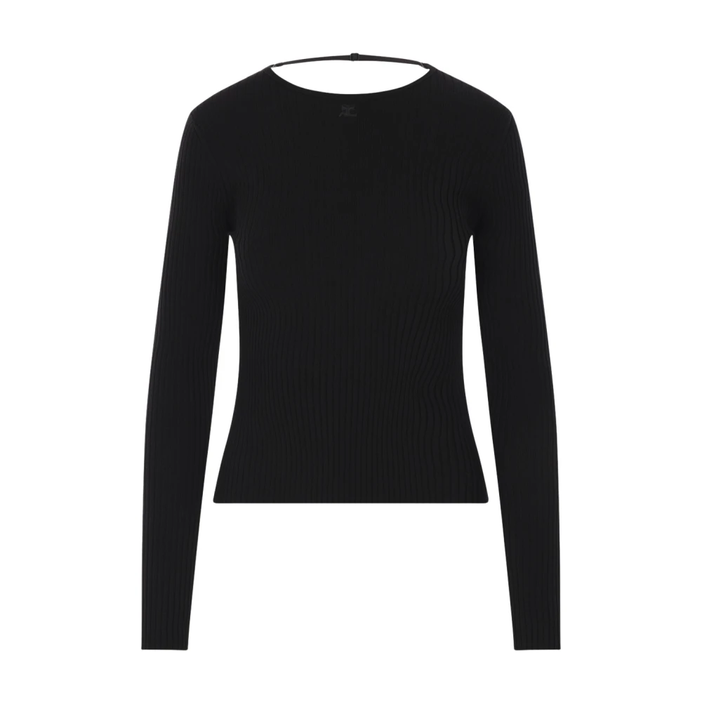 Courrèges Svart Ribbstickad Tröja Med Logobroderi
