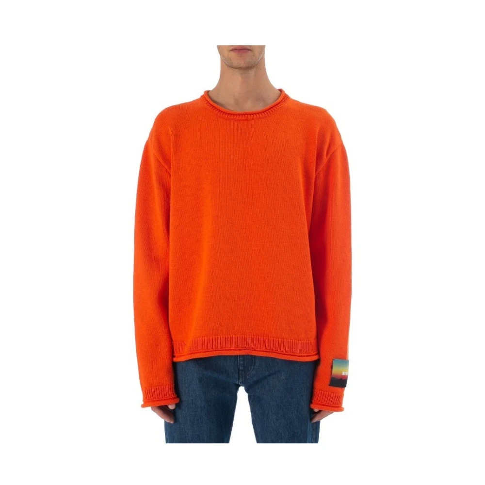 Msgm Men's Red Round-Neck Knitwear, M, Orange Cotton T-Shirt