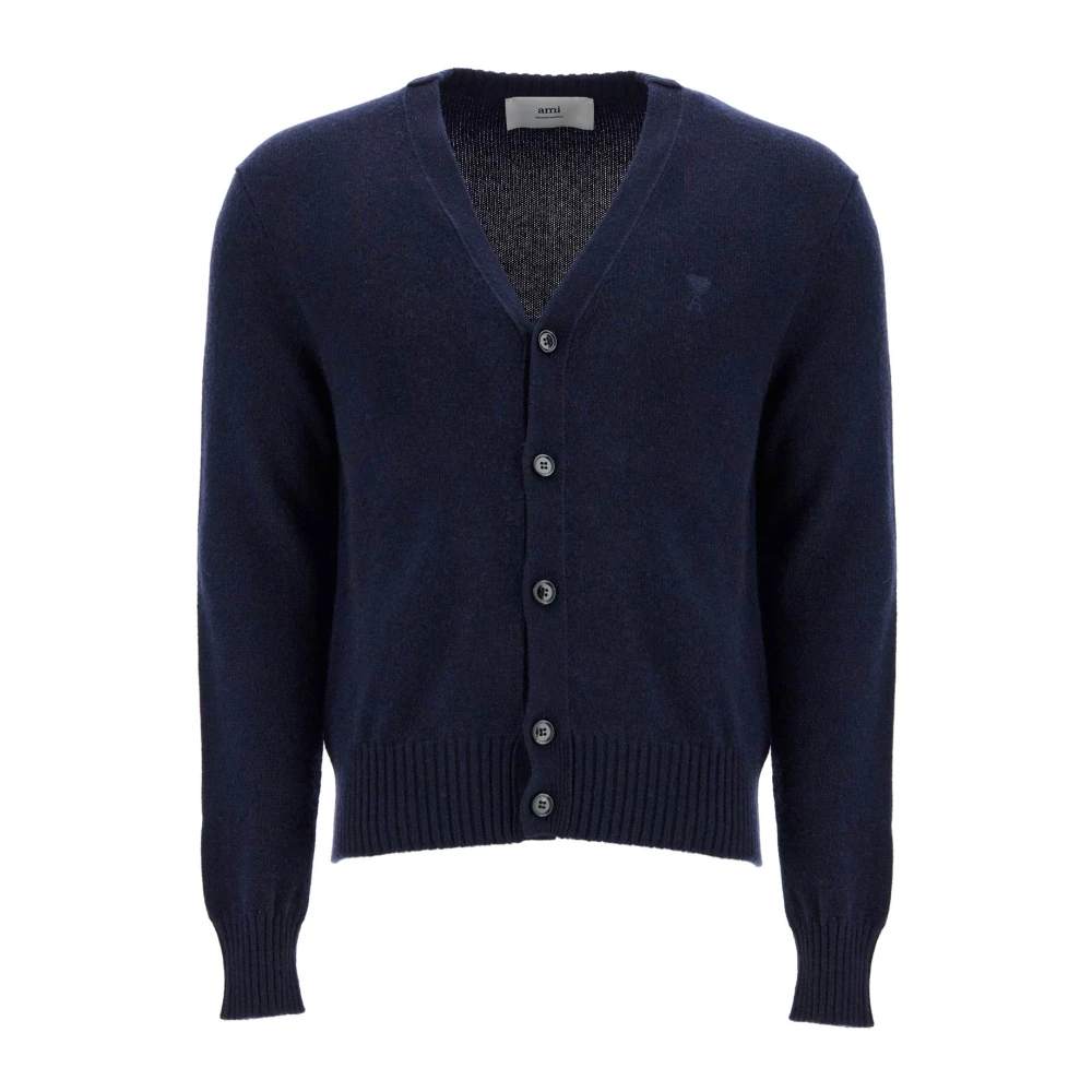 Ami Paris Zachte Cashmere Cardigan met Geborduurd Logo Blue Heren