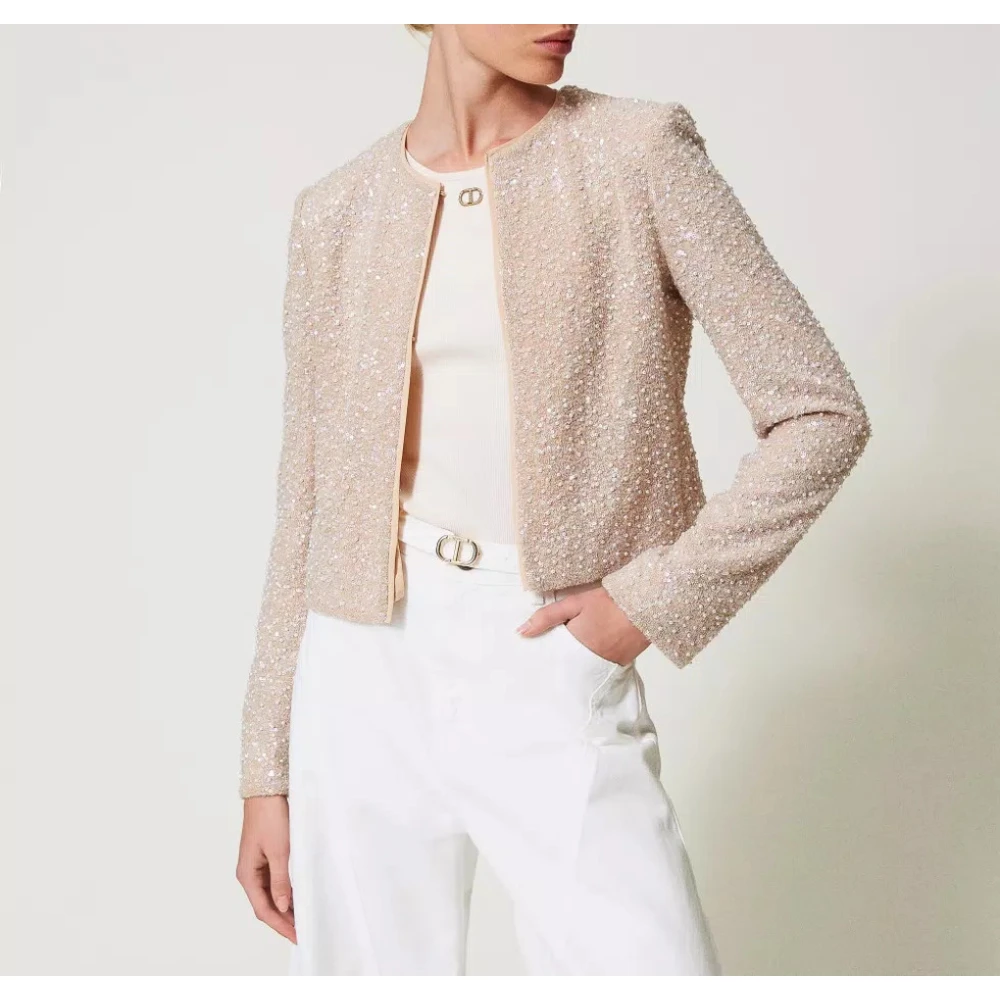 Twinset Pailletten en parel jasje Beige Dames