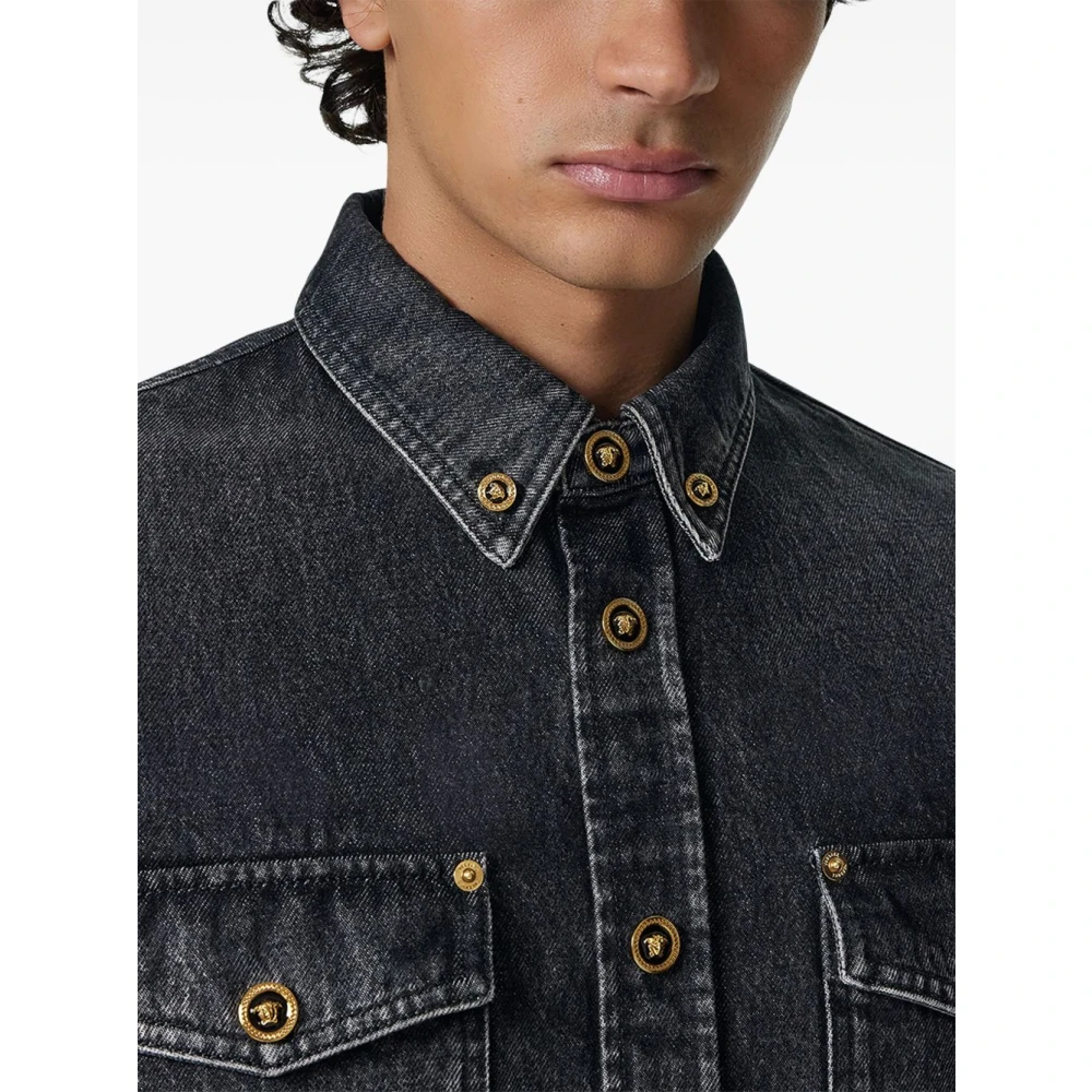 Versace Zwarte Denim Shirt Medusa Hoofd Knopen Black Heren
