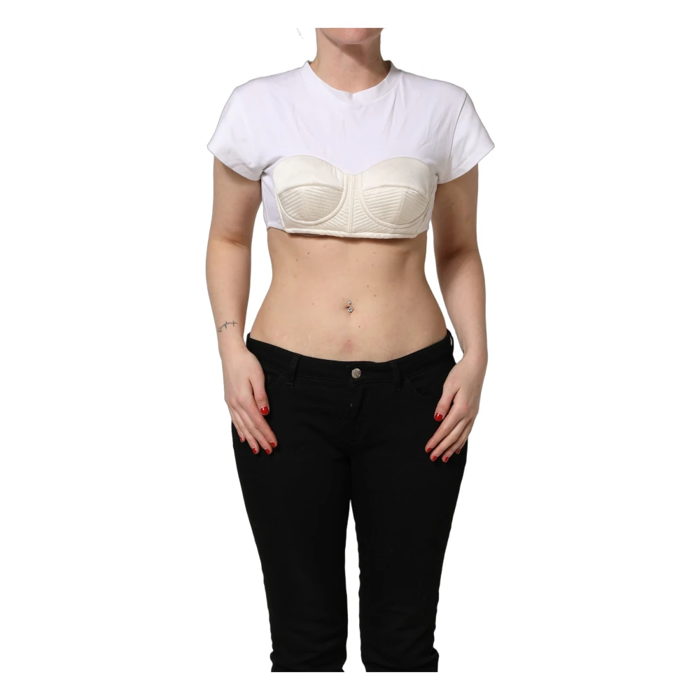 Dolce & Gabbana Vrouw Wit Tops Dames, S, Katoen, Cropped T-Shirt Met Bustier En Ronde Hals