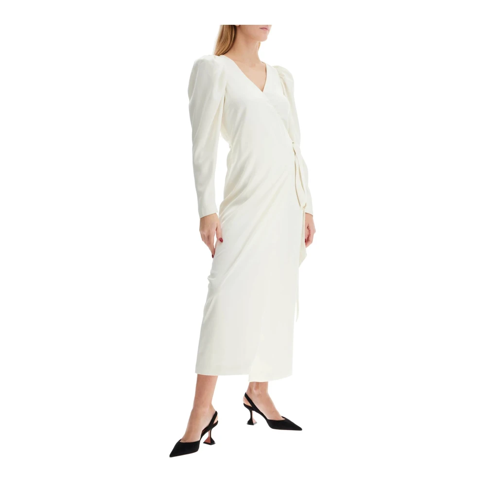 Rotate Birger Christensen Satijnen Midi Wikkeljurk met Pofmouwen White Dames