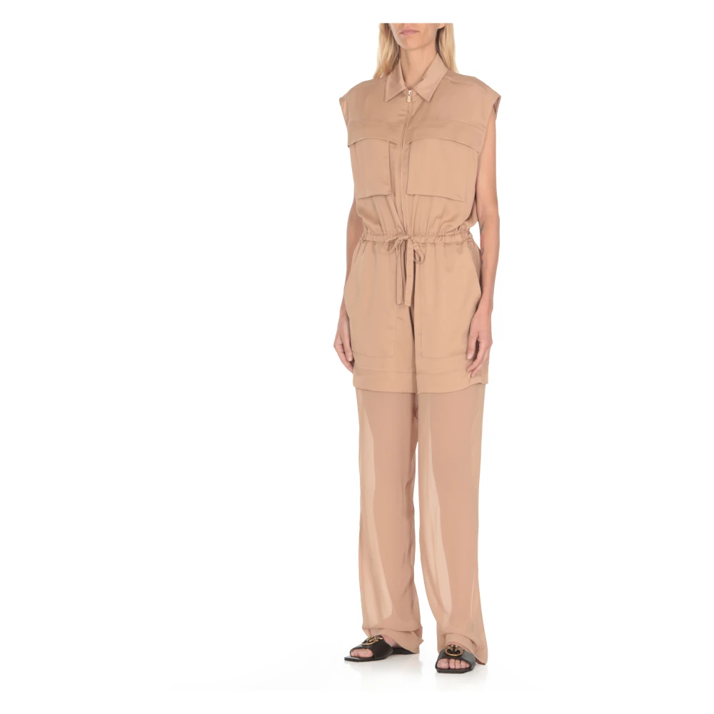 pinko Bruine Satijnen Jumpsuit Kraag Mouwloos Zakken Brown Dames