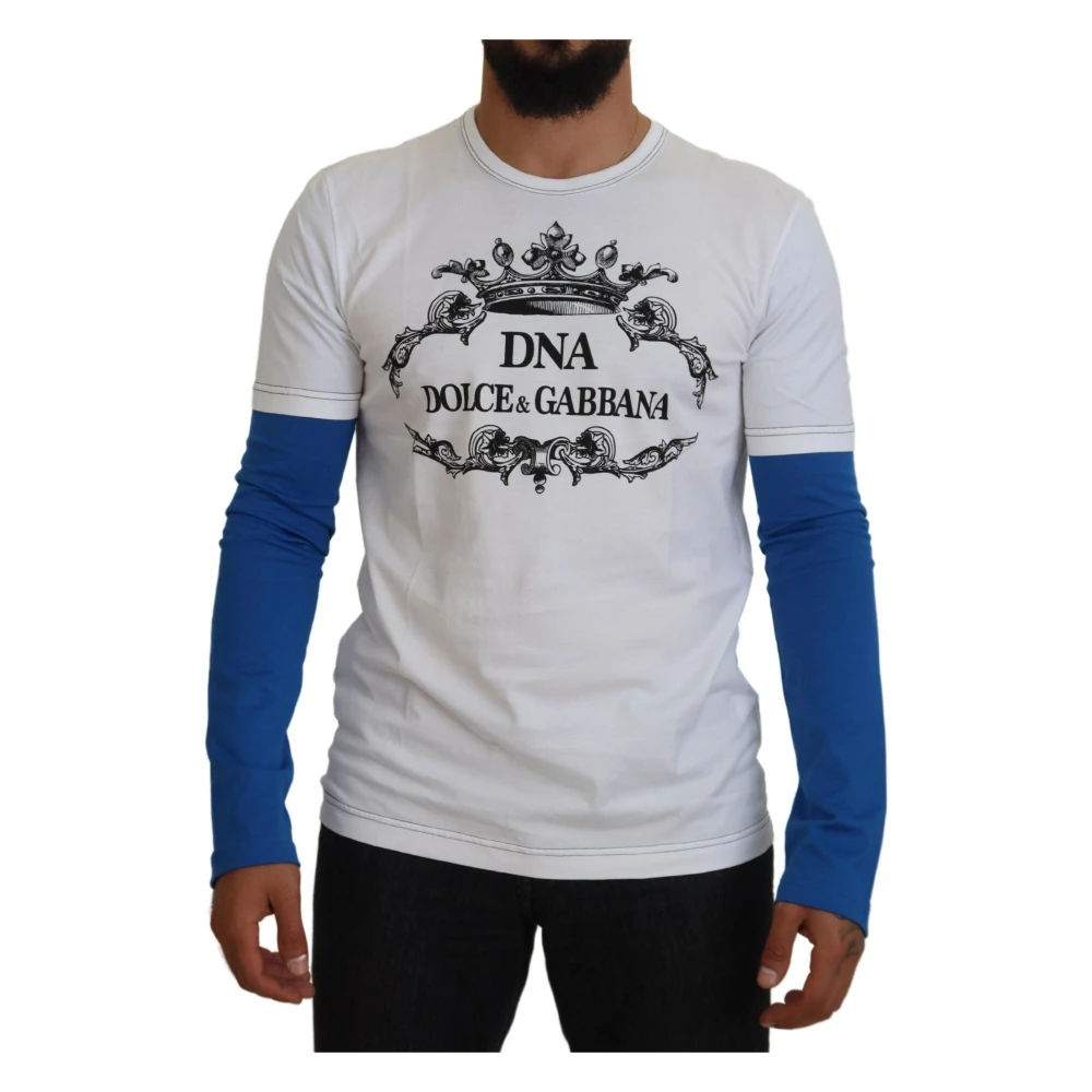 Dolce & Gabbana Blauw Wit DNA Crewneck Sweater White Heren