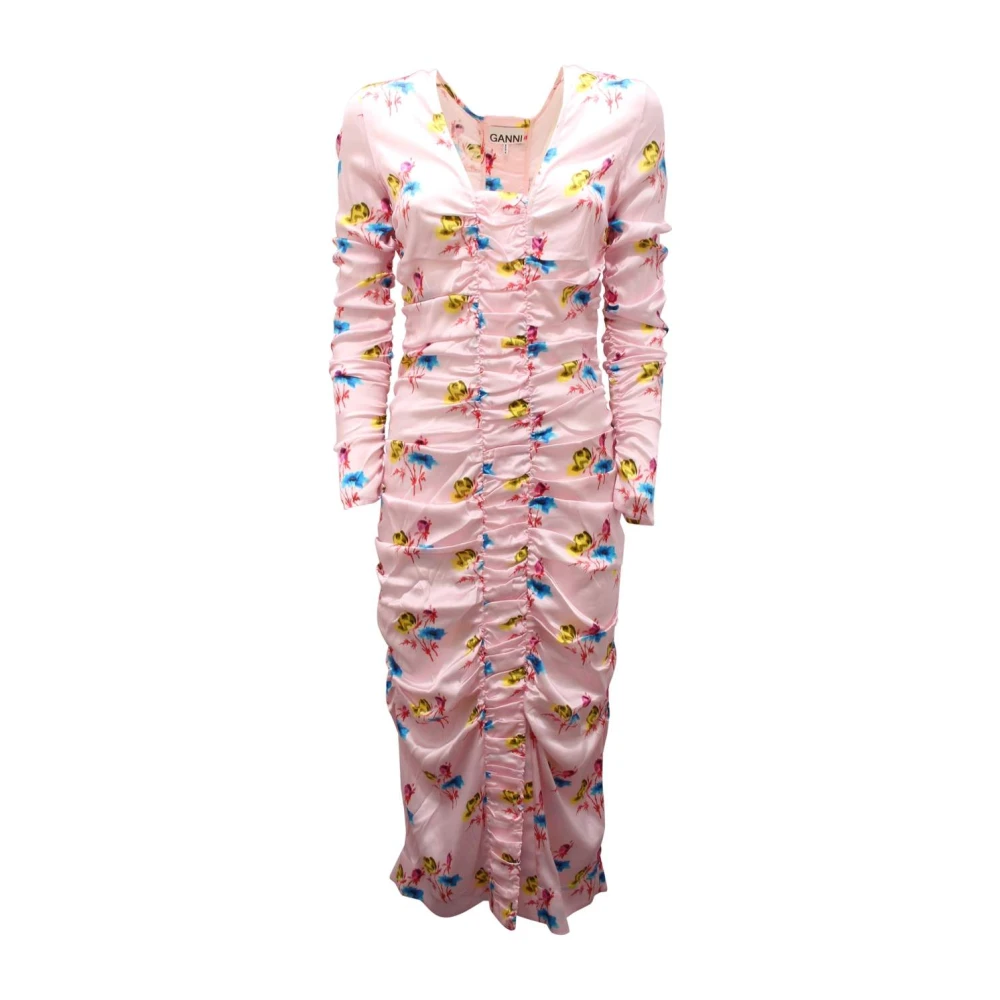 Ganni Women's Multicolor Midi Dresses, Xs, Floral Silk Dress With Side Zip