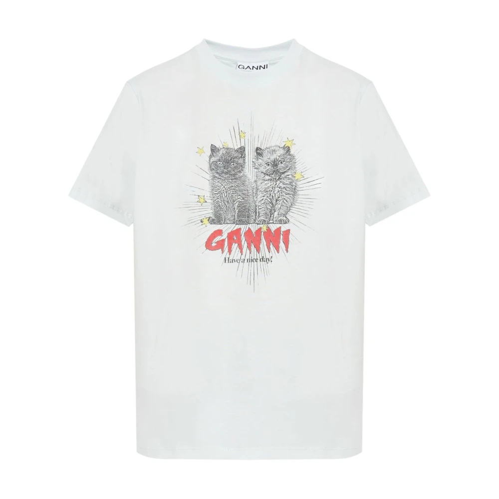 Ganni Blauw Grafisch Print Crew Neck T-shirt White Dames
