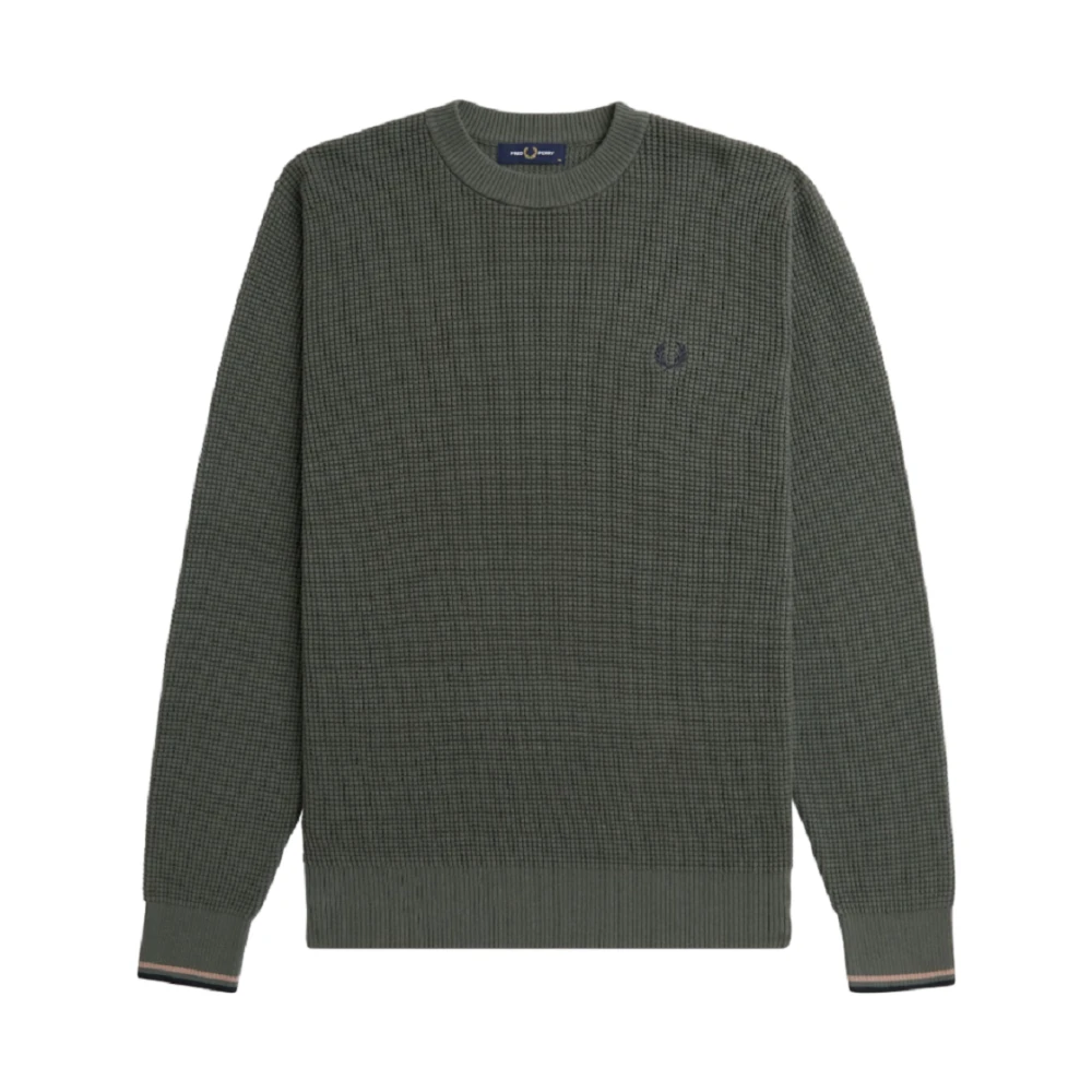 Fred Perry Men's Green Jumper With Honeycomb Texture - Round-Neck Knitwear - Xl - Knitwear