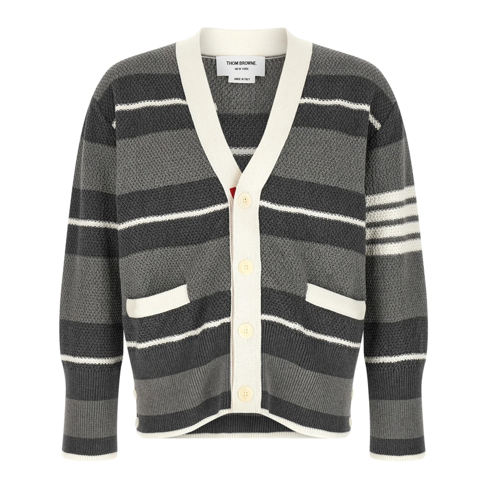 Thom Browne Men's Gray Striped Knitted Heavy Cotton Cardigan