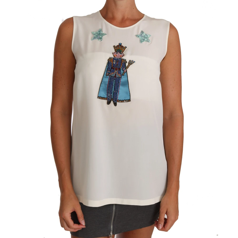 Dolce & Gabbana Women's White Sleeveless Tops, S, Silk Crystal Sequined Fairy T-Shirt