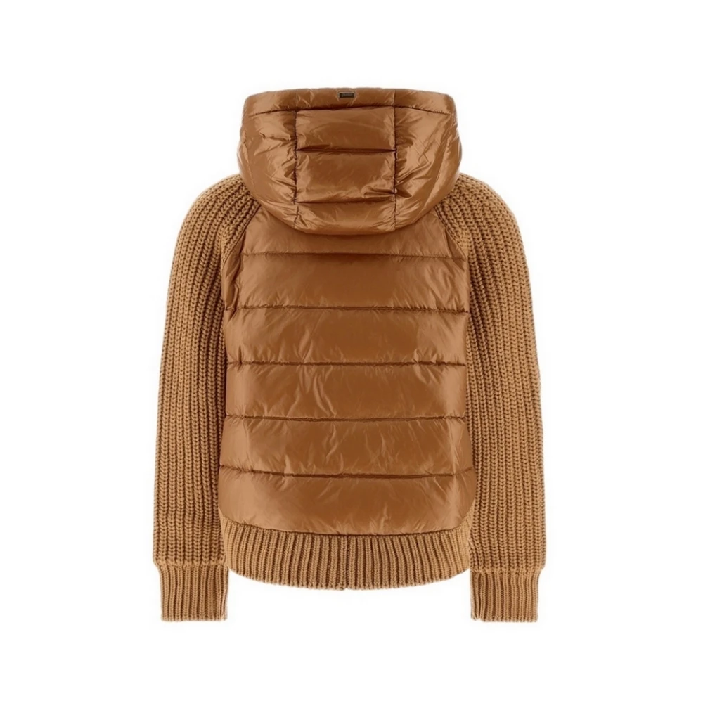 Herno Kameel Ribgebreide wollen jas met verendetails Brown Dames