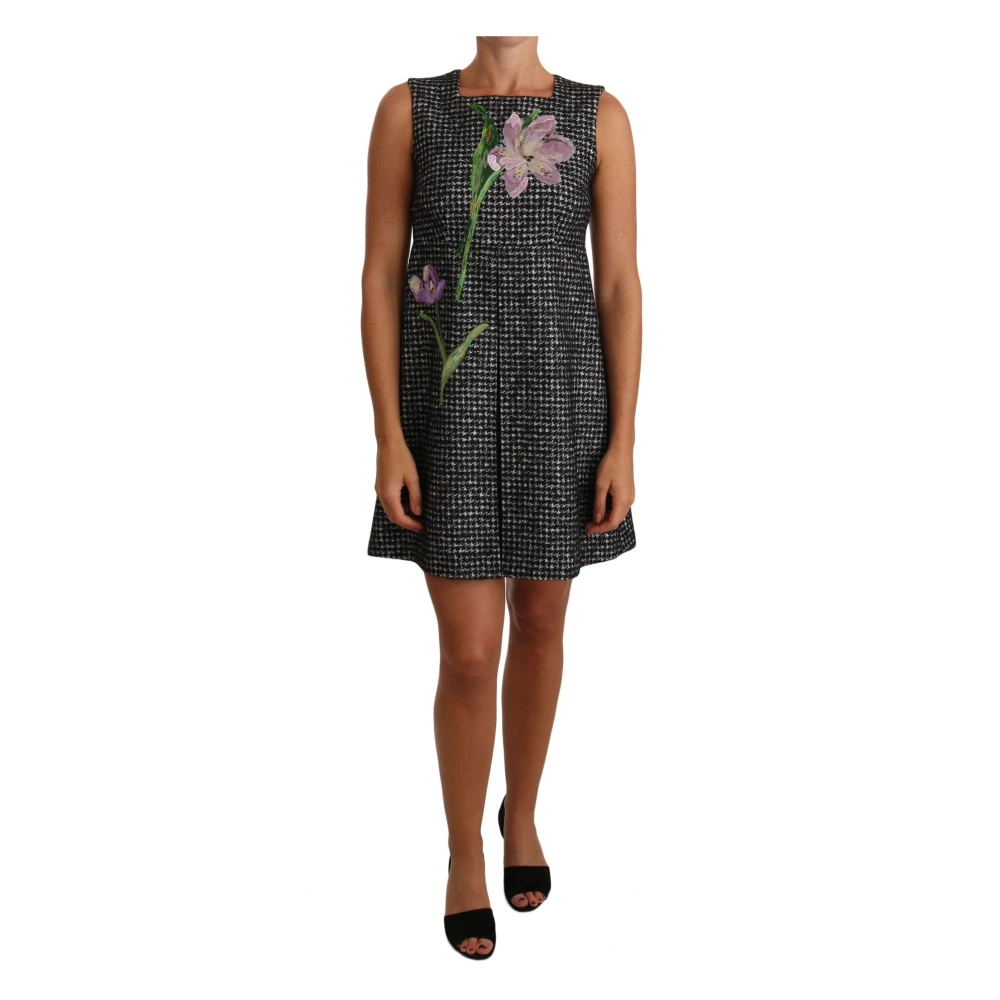 Dolce & Gabbana Women's Gray Houndstooth Floral Appliqué Shift Mini Dress