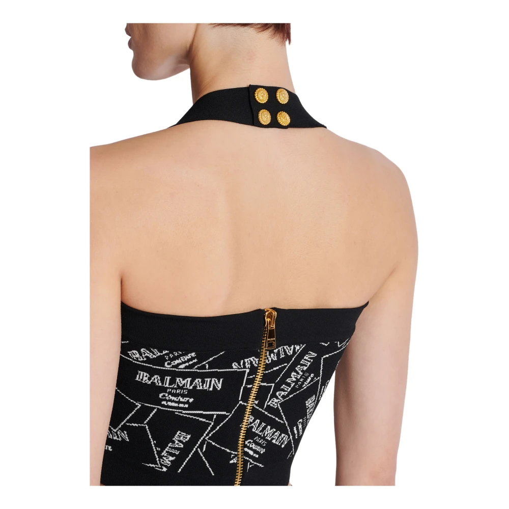 Balmain Gebreide halternek top met labelmotief Black Dames
