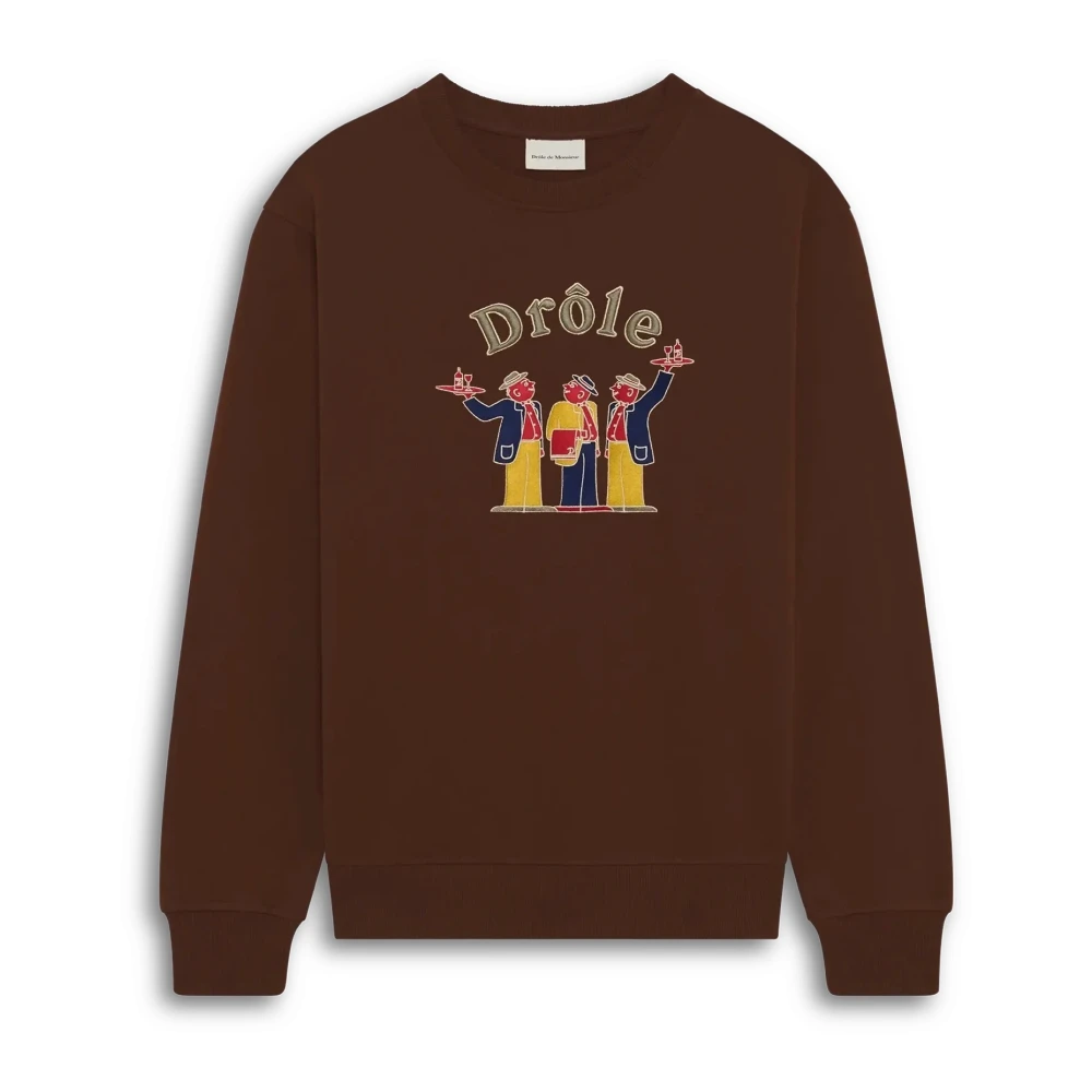 Drole de Monsieur Crewneck Sweatshirt met Frontprint en Geribbelde Randen Brown Heren