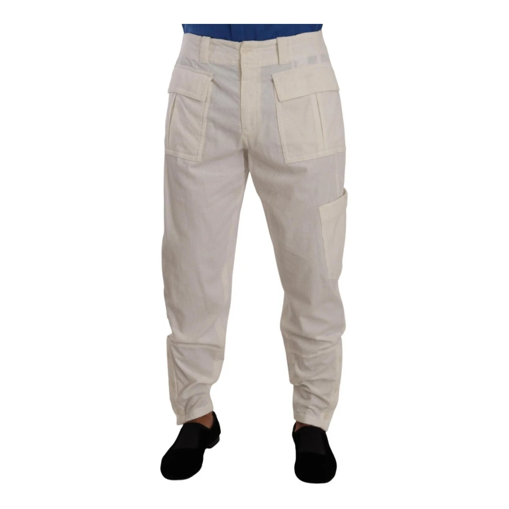 Dolce & Gabbana Men's White Wide Trousers, M, Off Corduroy Cargo Trousers