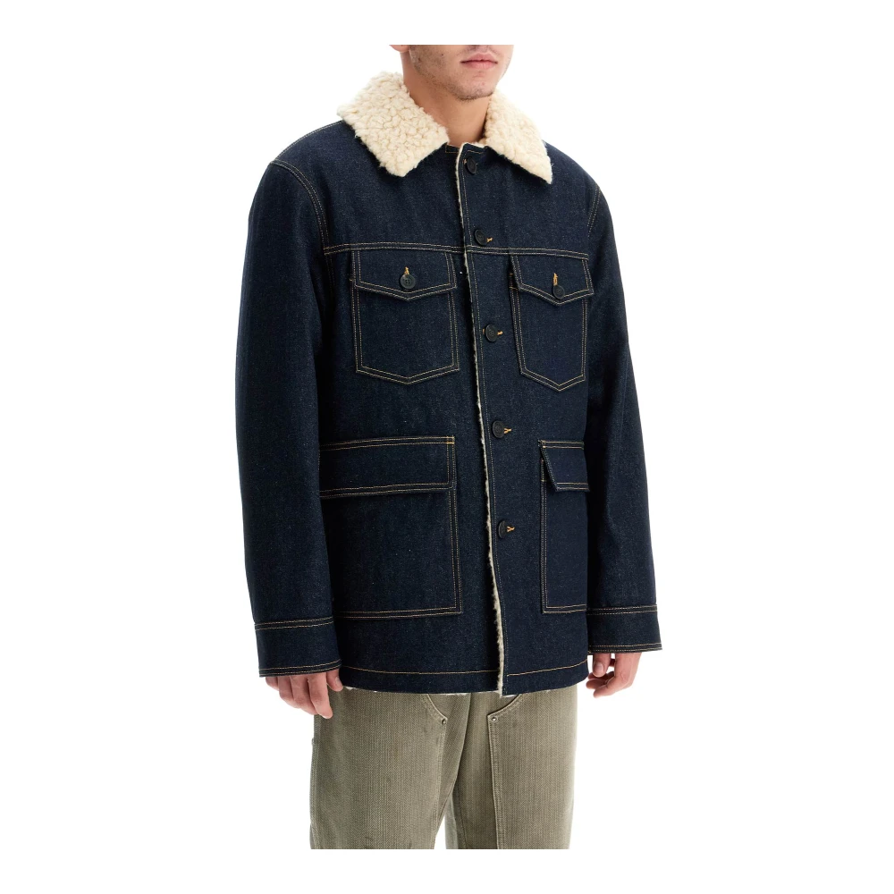 Golden Goose Denim Caban Coat met Shearling Padding Blue Heren