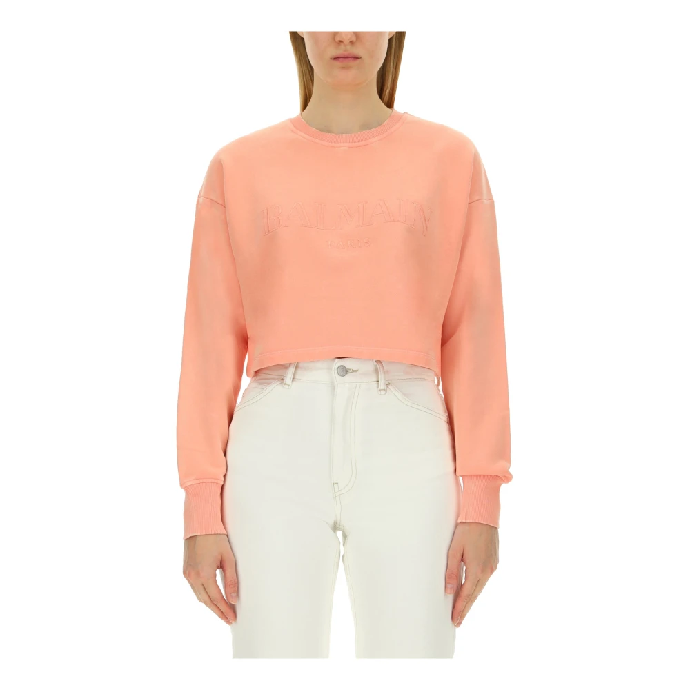 Balmain Pink Vintage Emb Crop Sweat - Female - Sweatshirts - S - Sweatshirts & Hoodies