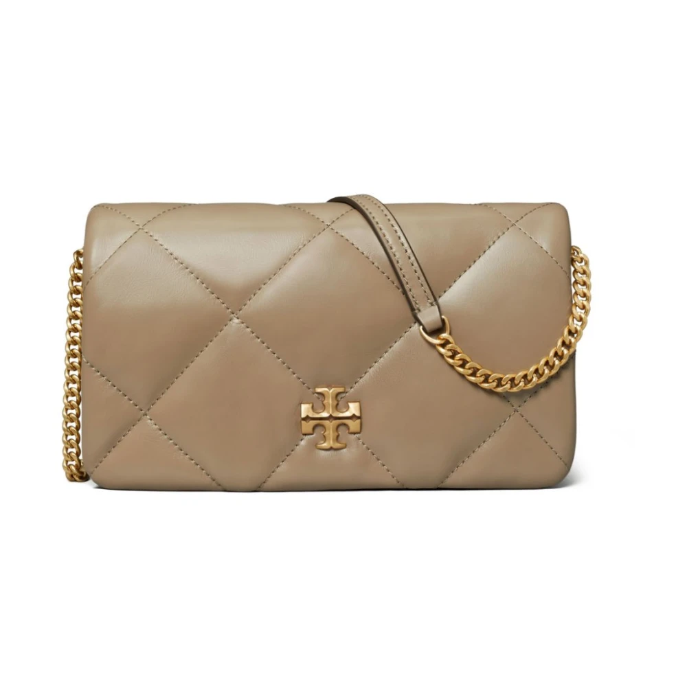 TORY BURCH Gewatteerde leren portemonnee met kettingriem Beige Dames
