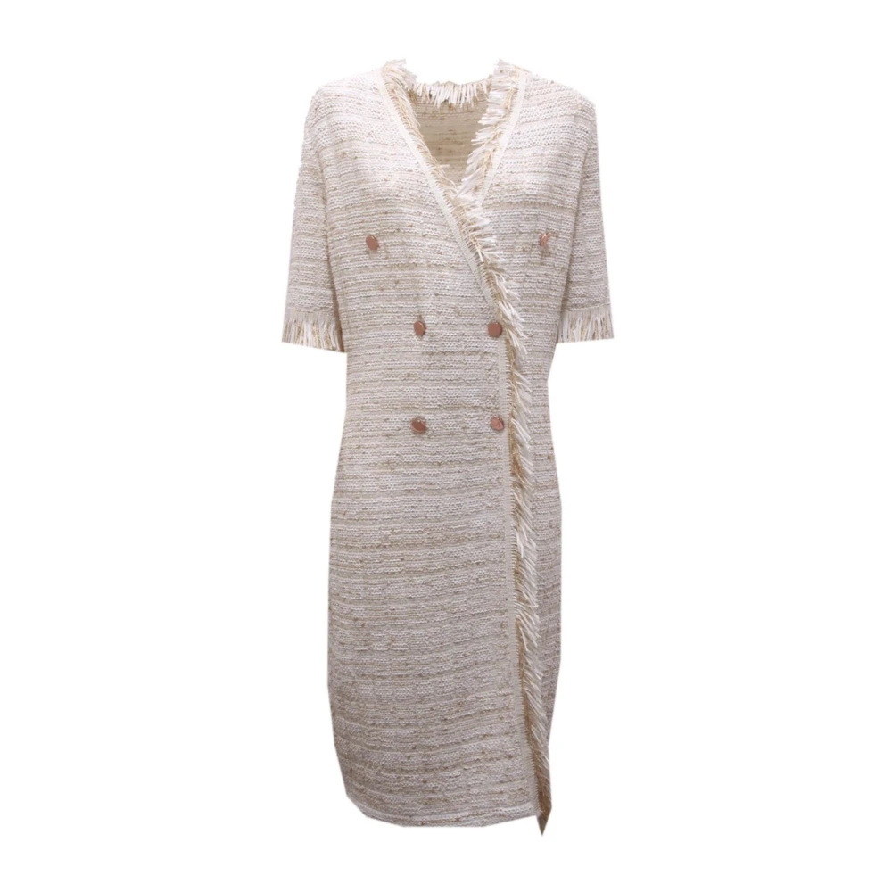 D.exterior Women's Beige Midi Dresses, L, 50545 Abito Doppiopetto Tramato Frange