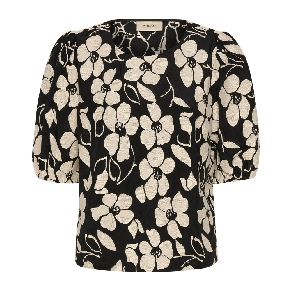 Cream Bloemen Pofmouw Blouse Black Dames