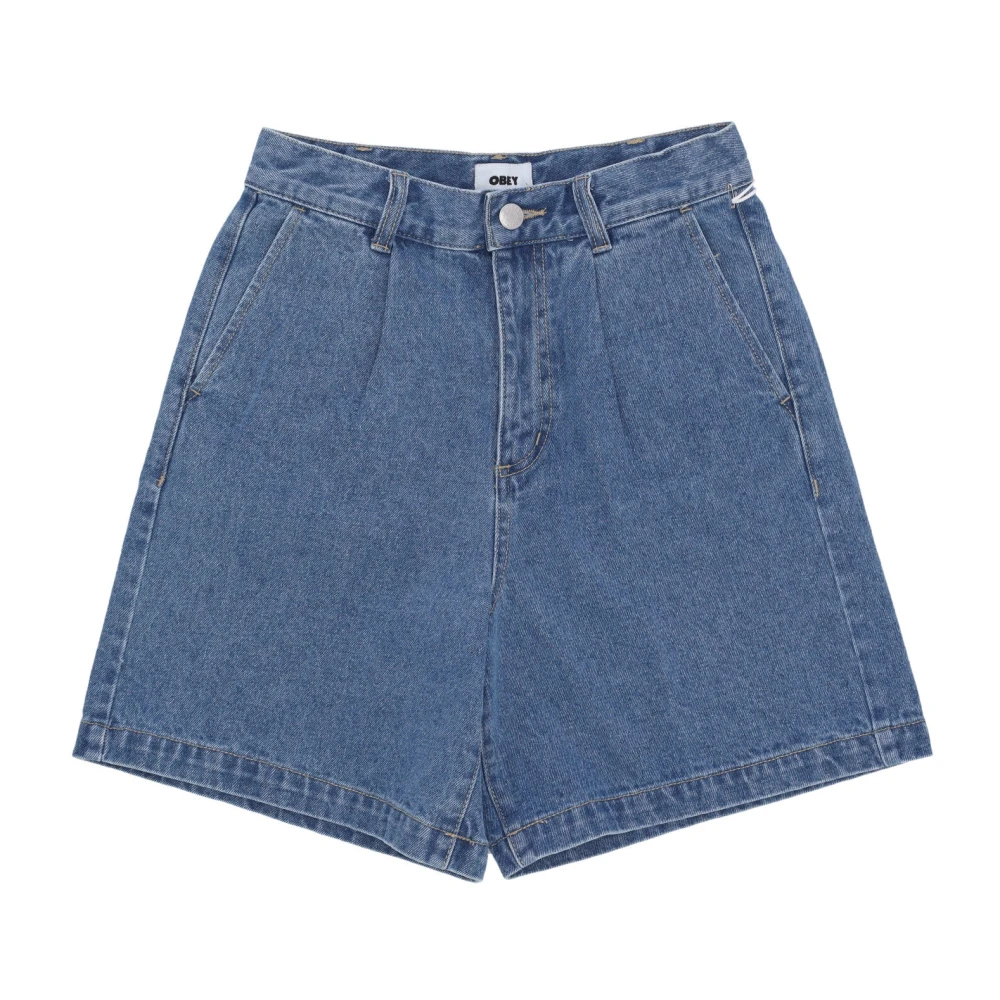 Obey Geplooide Korte Jeans Licht Indigo Blue Dames