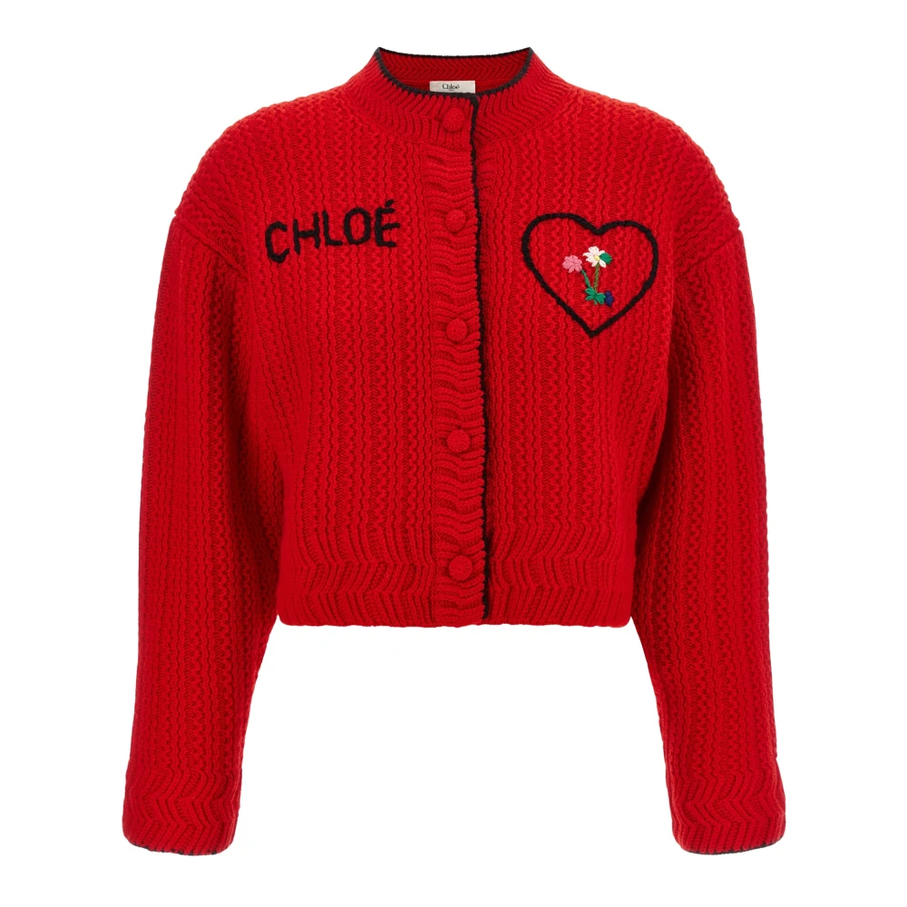 Chloé , Cardigans, Female, Red, M, Logo Wool And Cashmere Cardigan