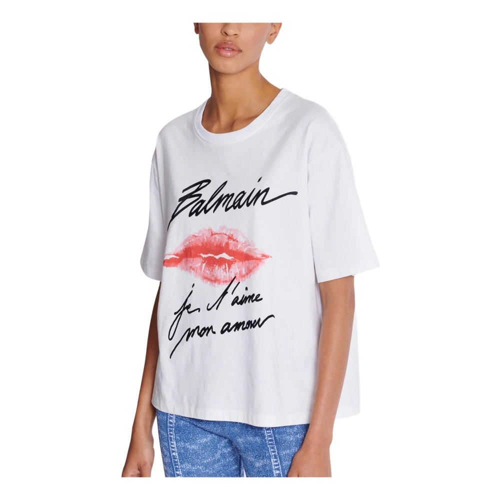 Balmain T-shirt met kusprint en korte mouwen White Dames