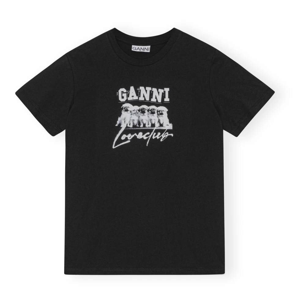 Ganni Zwarte Puppy Love Relaxed T-shirt Black Dames