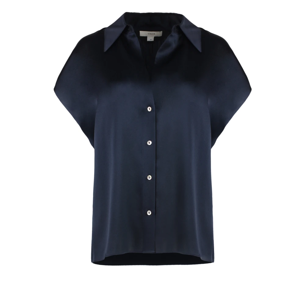 Vince Women's Blue Shirts, Xs, Silk Blouse Classic Collar Buttoned Front
