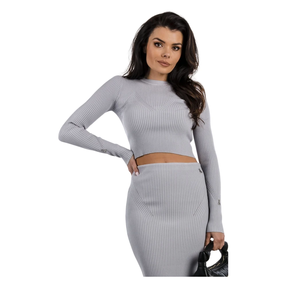 Patrizia Pepe Women's Gray Round-Neck Knitwear,, Grey Ribbed Jumper With Dragonfly Logo Small