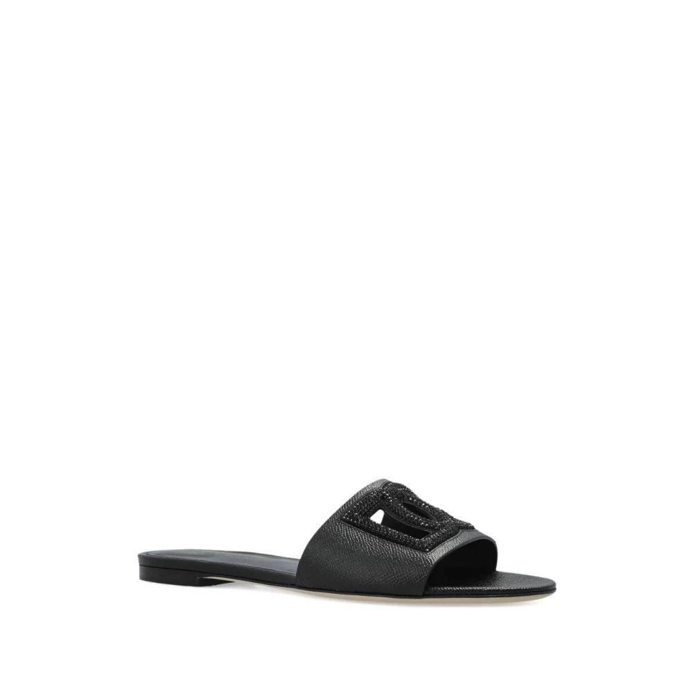 Dolce & Gabbana Women's Black Sliders, 4 Uk, Dg Logo Leather Flat Sandals