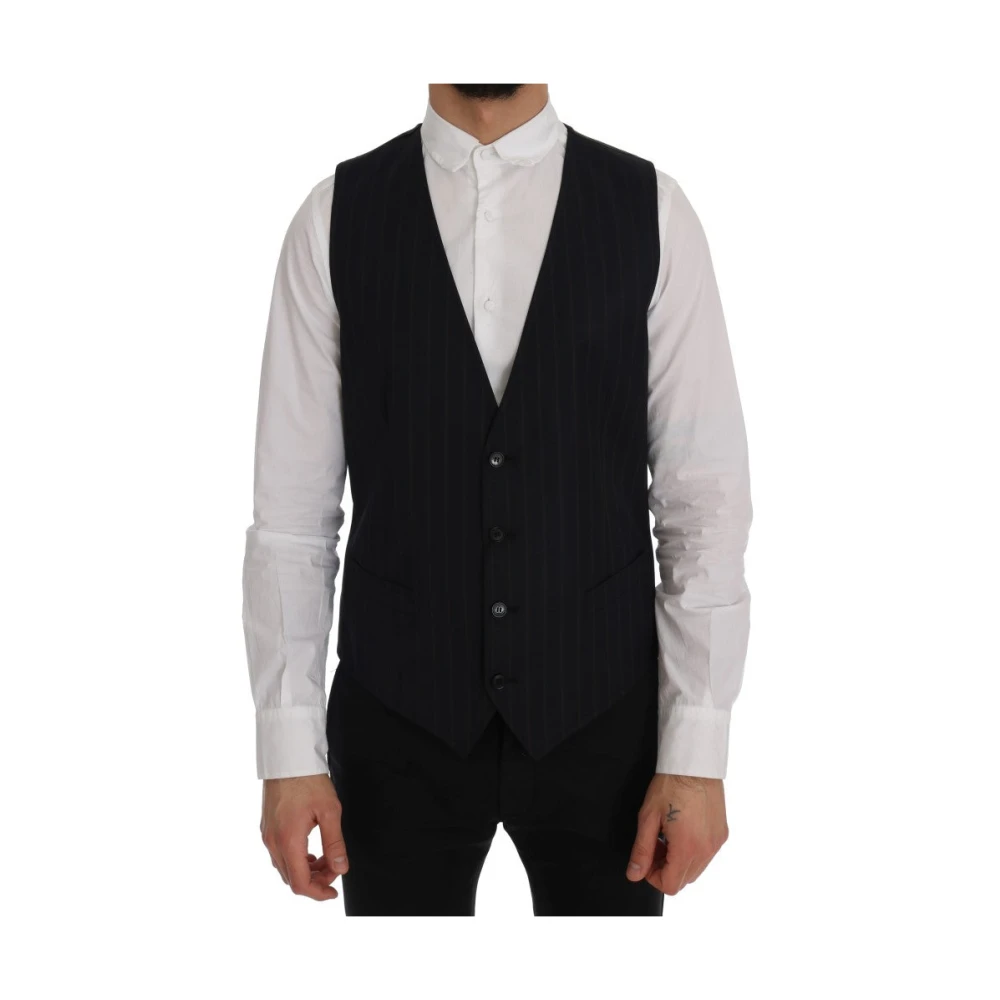 Dolce & Gabbana Men's Blue Suit Vests,, Elegant Striped Wool Blend Vest Large
