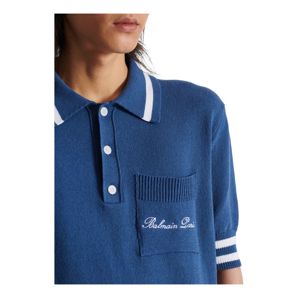 Balmain Katoen-linnen poloshirt met Balain Signature borduurwerk Blue Heren