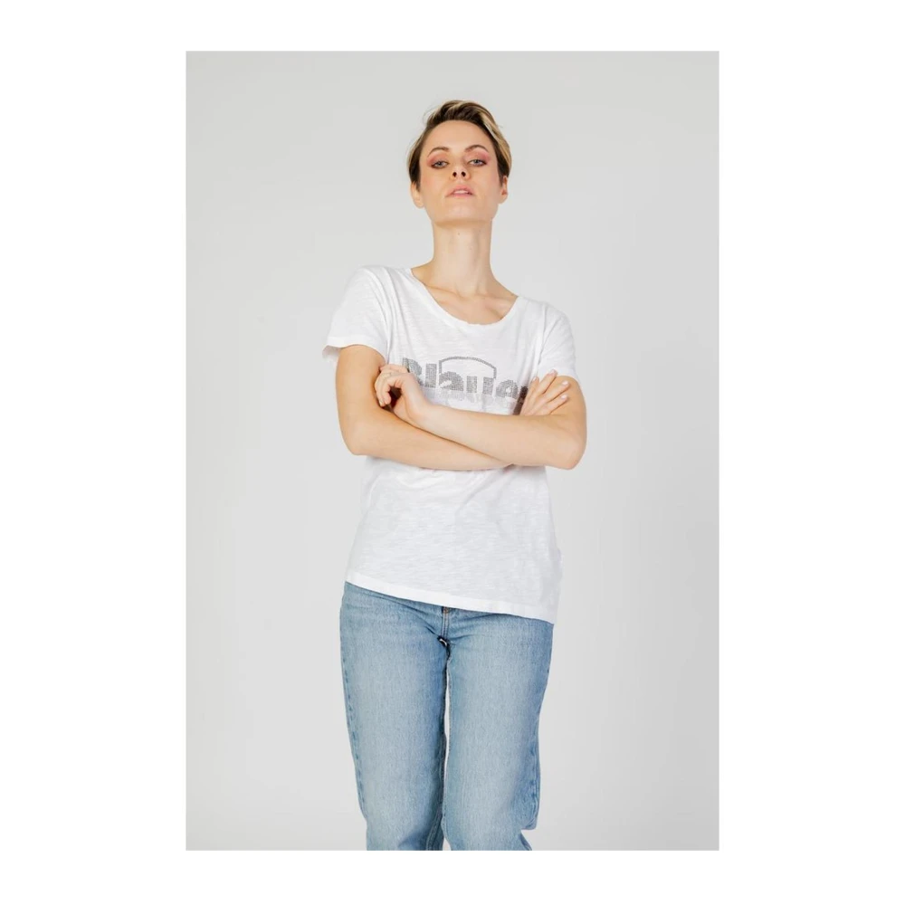 Blauer Katoenen Crew Neck T-Shirt Dames Collectie White Dames