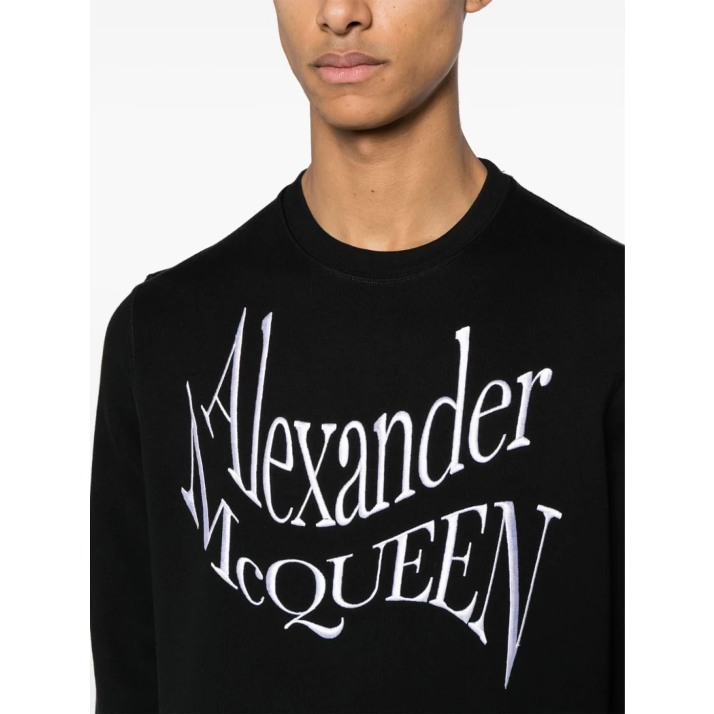 alexander mcqueen Zwarte Katoenen Jersey Sweater met Verwrongen Logo Borduursel Black Heren