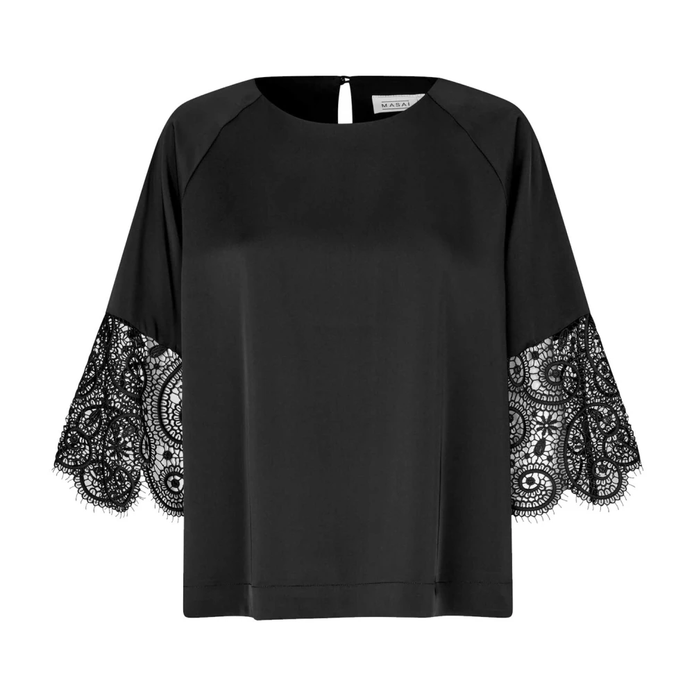 Masai Zwarte Geborduurde Top met 3 4 Mouwen Black Dames