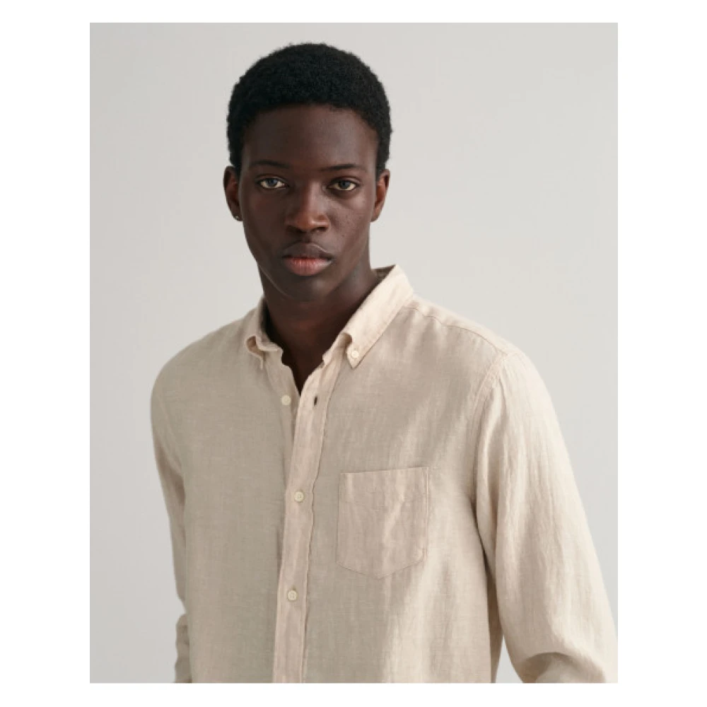 Gant Reguliere Linnen Overhemd met Geborduurd Logo Beige Heren