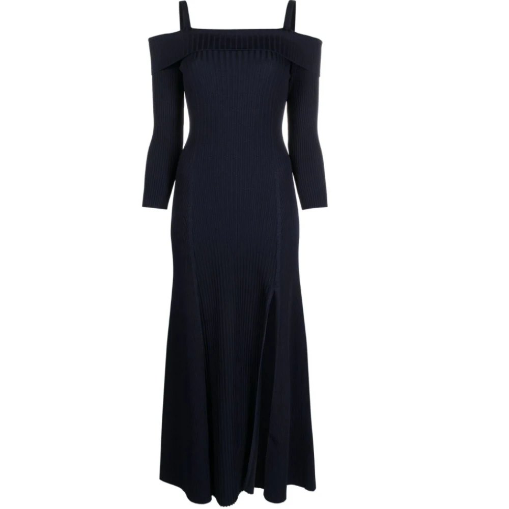 Ganni Blauwe Maxi Jurk met Dunne Bandjes en Off Shoulder Blue Dames