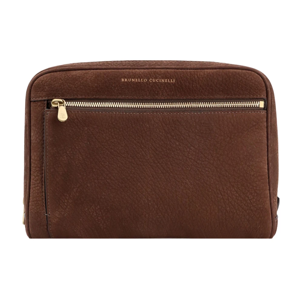 BRUNELLO CUCINELLI Nabuk Beauty Case met Logo Brown Heren