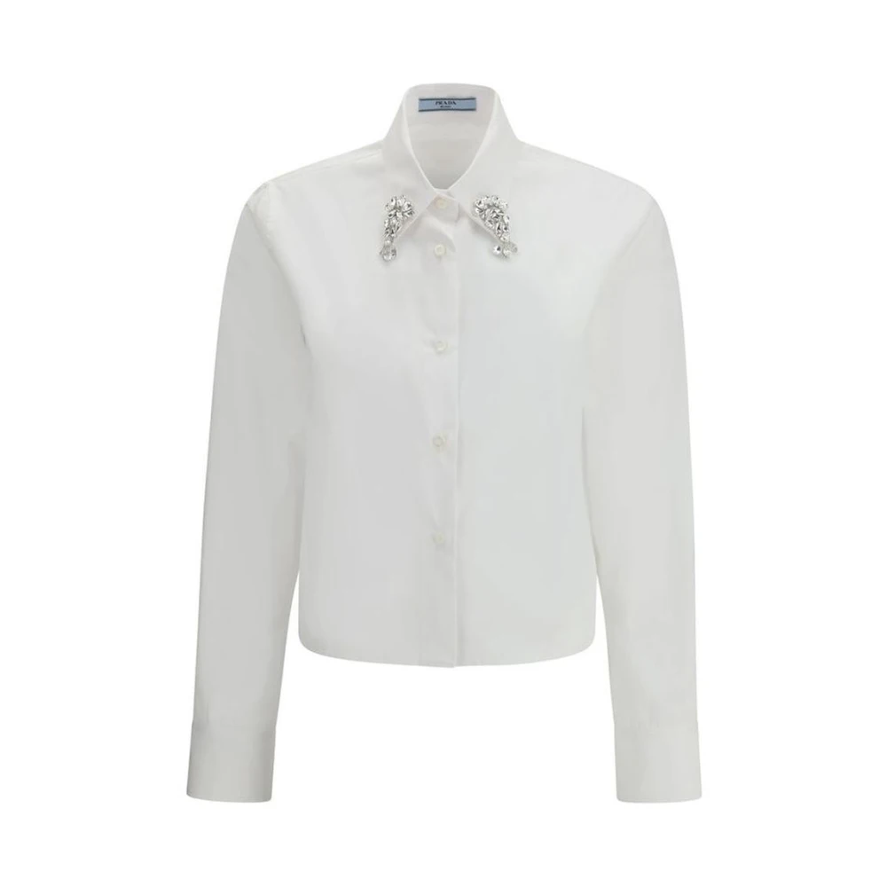 Prada Women's White Crystal Jewel Collared Shirt