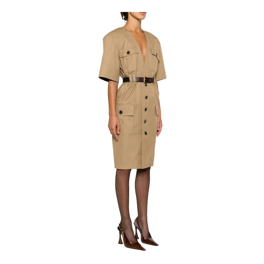 Saint Laurent Katoenen Saharienne Jurk met V-hals Beige Dames
