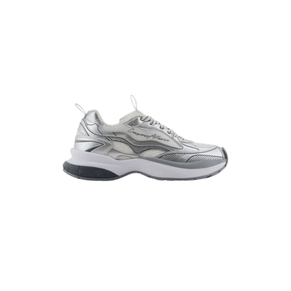 Emporio Armani Mesh Sneakers met Gelamineerde Details en Kenmerkend Logo Dames Schoenen Grijs