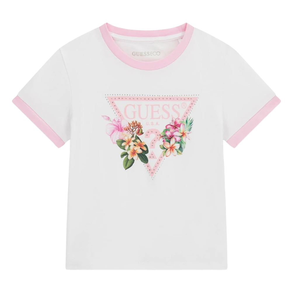 Guess Girls White Kids Short Sleeve T-Shirts, 12 Y, Hawaiian Logo Cropped T-Shirt