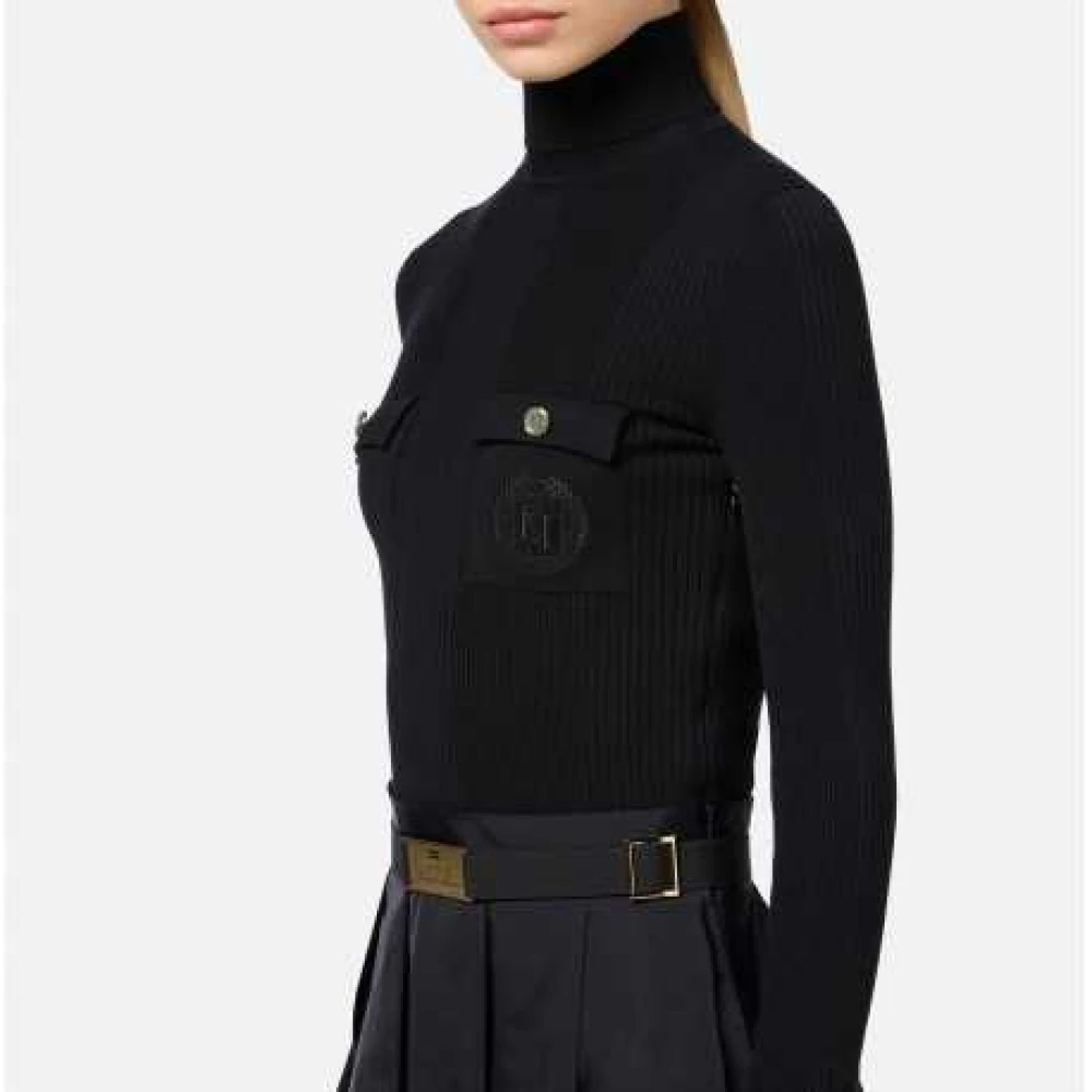 Elisabetta Franchi Zwarte Geribbelde Coltrui Gebreide Jurk Black Dames