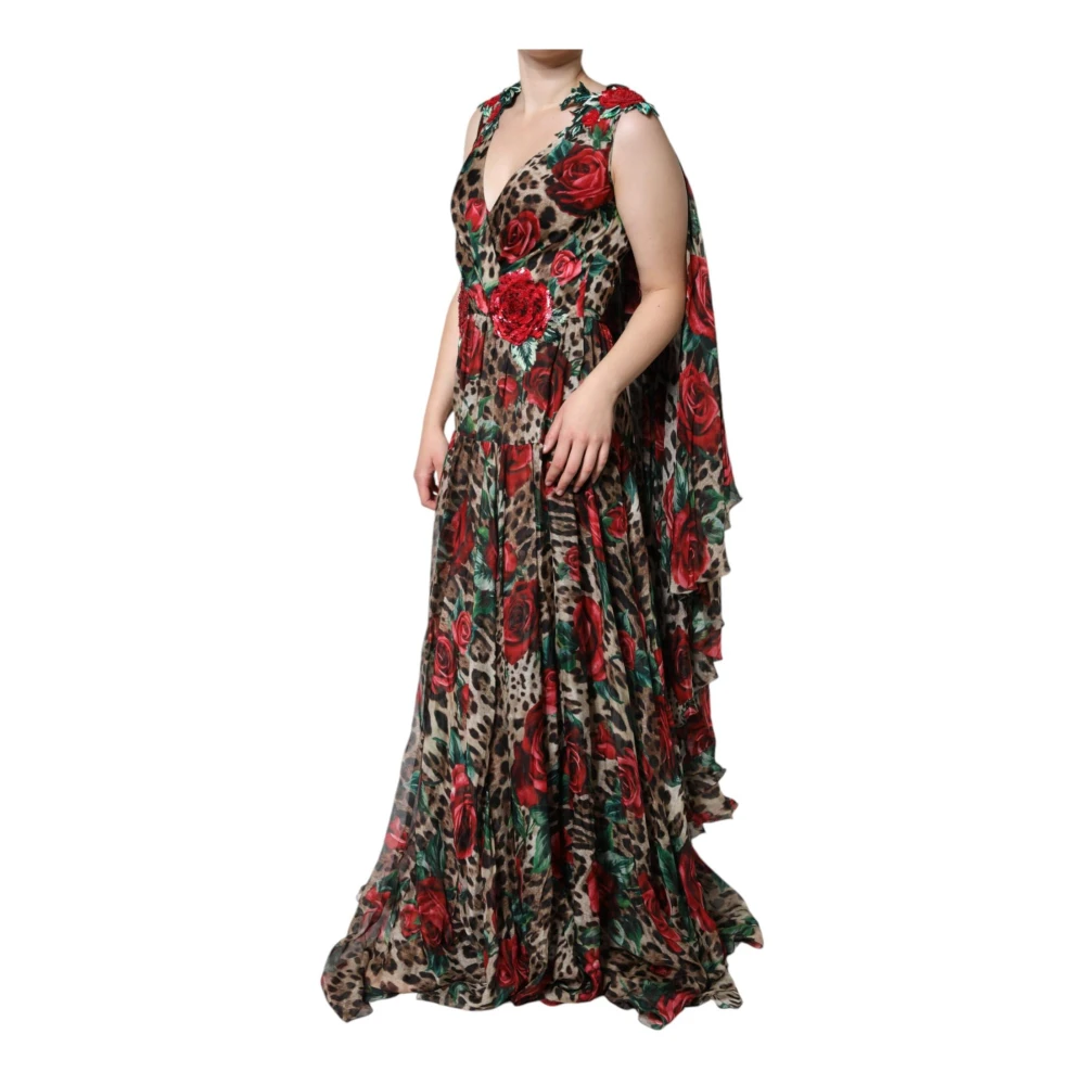 Dolce & Gabbana LeopardPrint Roses Zijden Maxi Jurk Multicolor Dames