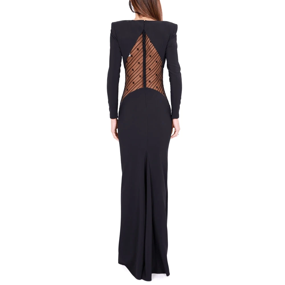 Elisabetta Franchi Lange Zwarte Crepe Jurk met Tule Inzet Black Dames