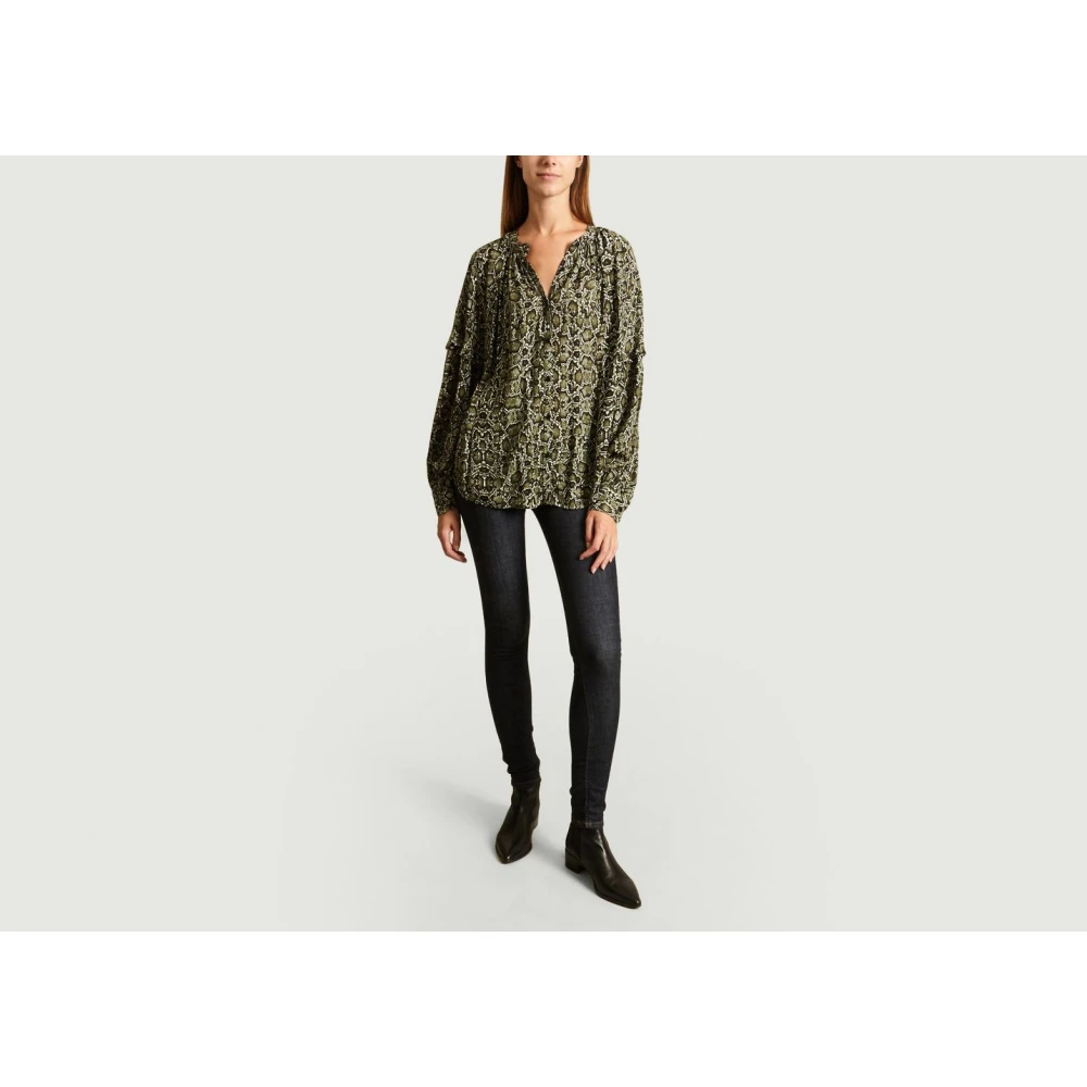 Essentiel Antwerp Khaki Snakeskin Blouse met Ruffle Mouwen Brown Dames