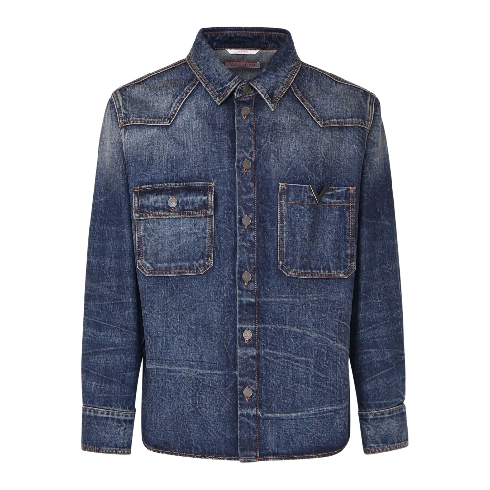 Valentino Garavani Denim Overhemd met Logoed Knopen Blue Heren