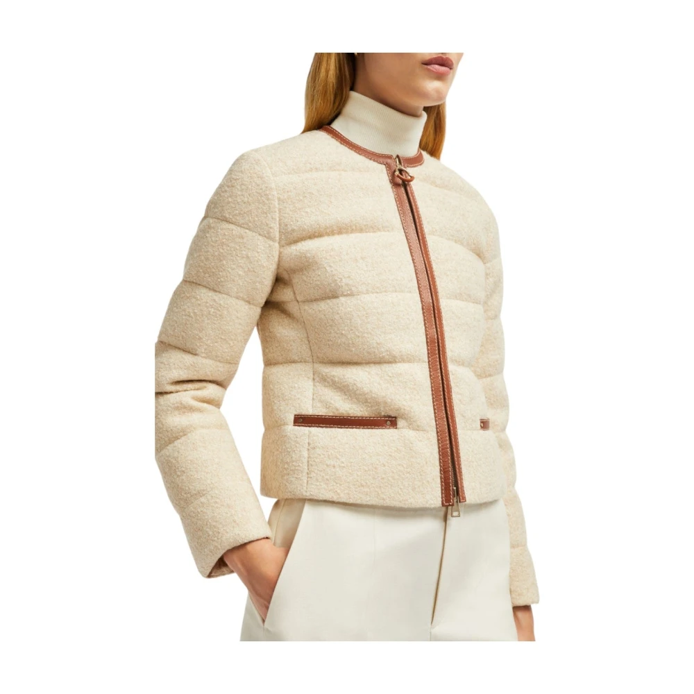Moncler Beige Kort Donsjack met Leren Afwerking Brown Dames