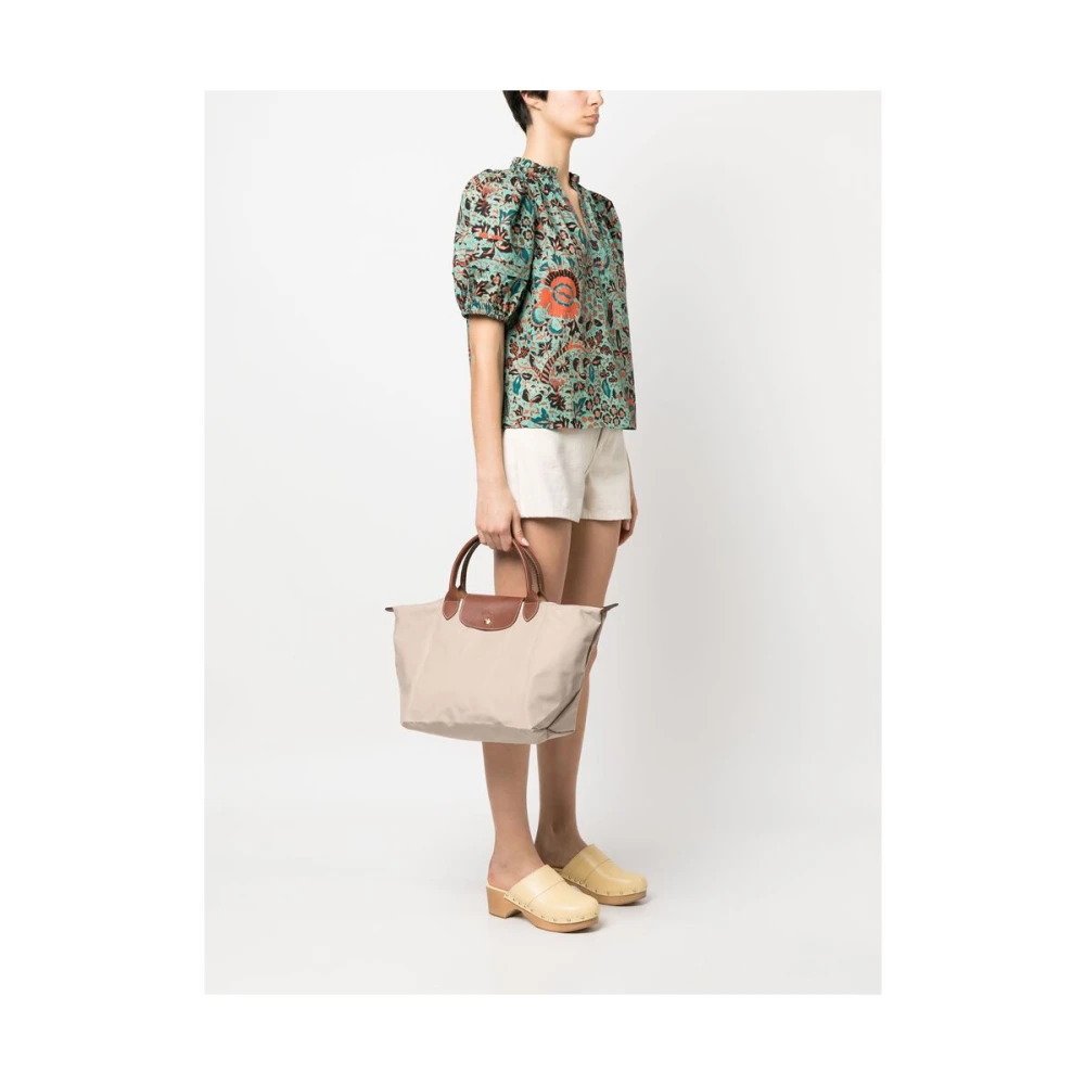 Longchamp Beige Canvas Handtas met Leren Rand Beige Dames
